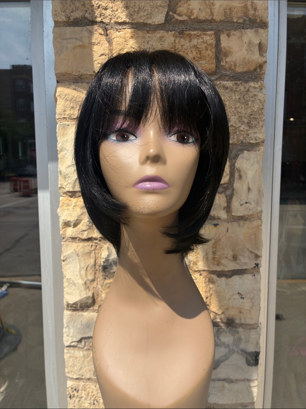 Hand stitched Black Short Layered Women's Wig with Bangs